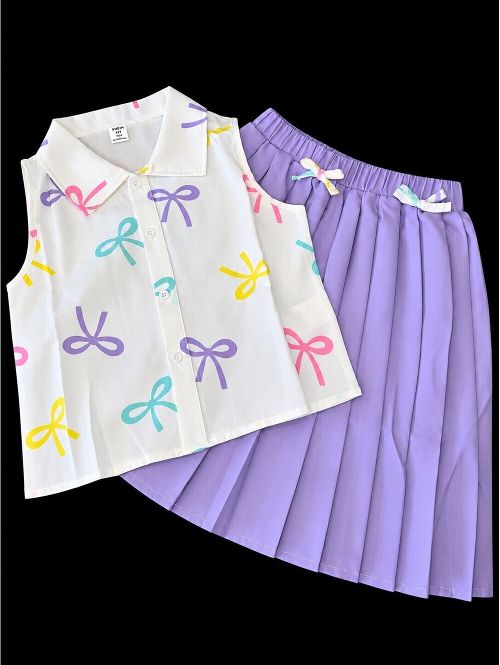 Girls 2-Piece Pleated Skirt and Bow Print Sleeveless Shirt Set, Size 11Y